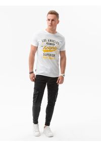 Ombre Clothing - T-shirt męski z nadrukiem S1434 V-23D - biały - XXL. Kolor: biały. Materiał: bawełna. Wzór: nadruk. Styl: klasyczny