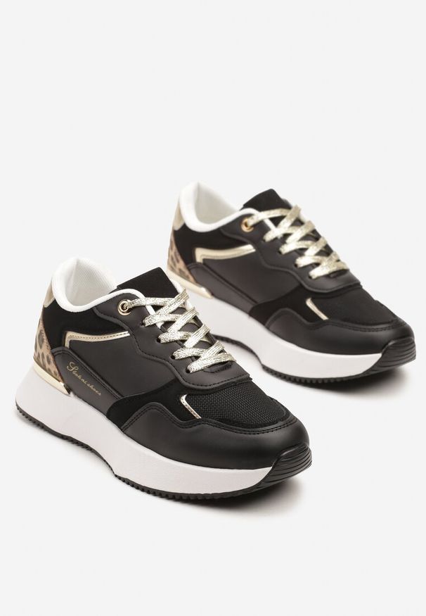 Renee - Czarne Sneakersy z Panterką i Napisem Raccaria. Kolor: czarny. Wzór: motyw zwierzęcy, napisy. Obcas: na platformie