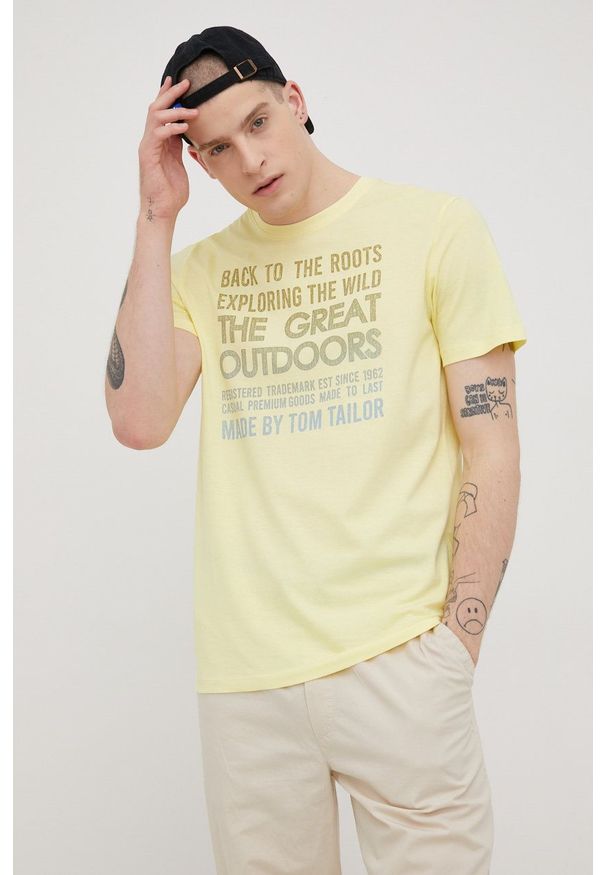 Tom Tailor t-shirt bawełniany kolor żółty z nadrukiem. Kolor: żółty. Materiał: bawełna. Wzór: nadruk