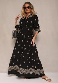 Renee - Czarna Rozkloszowana Sukienka Ozdobiona Haftem i Wzorem Boho Ronavere. Okazja: na co dzień, na spacer. Typ kołnierza: dekolt w serek. Kolor: czarny. Długość rękawa: długi rękaw. Wzór: aplikacja, haft. Sezon: lato, wiosna. Typ sukienki: proste. Styl: boho