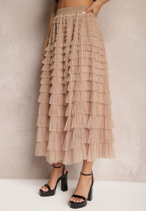 Renee - Beżowa Spódnica Midi z Tiulowymi Falbankami Kontha. Kolor: beżowy. Materiał: tiul. Styl: glamour, elegancki