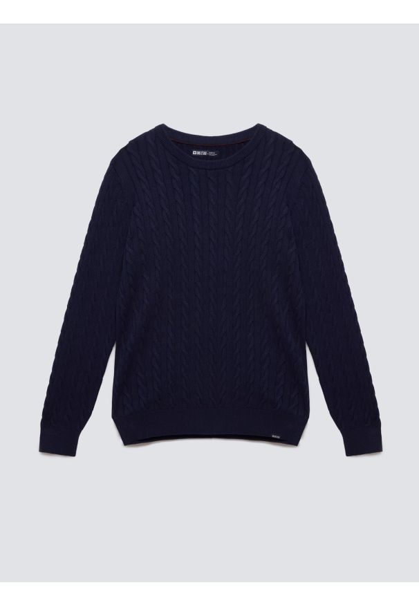 Big-Star - Sweter męski ze splotem warkoczowym granatowy Amaris 403. Kolor: niebieski. Materiał: bawełna, jeans, materiał, dzianina. Wzór: ze splotem. Styl: klasyczny, elegancki