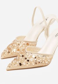 Renee - Beżowe Szpilki Slingback Zdobione Perełkami i Cekinami Irifera. Okazja: na co dzień. Zapięcie: bez zapięcia. Kolor: beżowy. Materiał: satyna, jeans. Wzór: aplikacja. Obcas: na szpilce. Styl: casual, elegancki #2