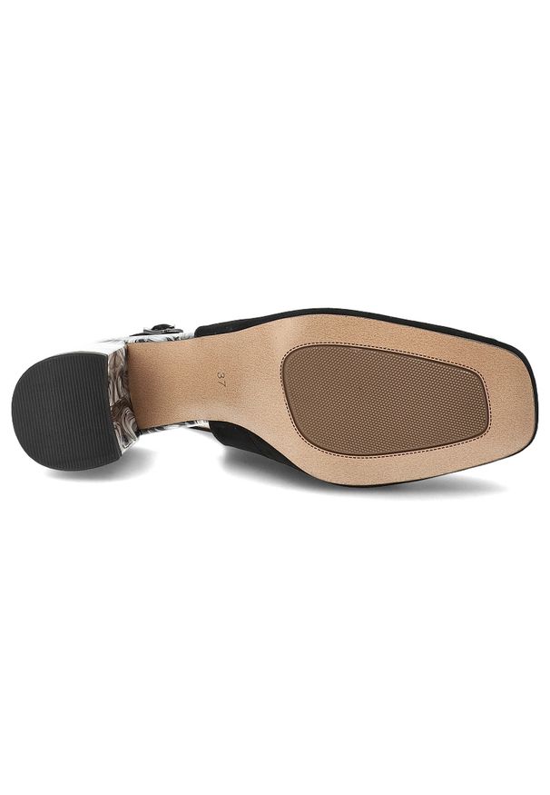 Czółenka damskie S.Barski, ze skóry naturalnej zamszowej odkryta pięta pasek z regulacją ozdobna klamra stabilny obcas elegancki styl, czarne, LZ61-2. Okazja: na spotkanie biznesowe. Zapięcie: klamry. Kolor: czarny. Materiał: zamsz, skóra. Szerokość cholewki: normalna. Obcas: na obcasie. Styl: elegancki. Wysokość obcasa: średni