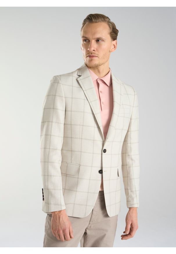 Pako Lorente - PAKO LORENTE – Beżowa marynarka męska w kratę Windowpane. Kolor: beżowy. Materiał: tkanina. Wzór: kratka. Styl: elegancki