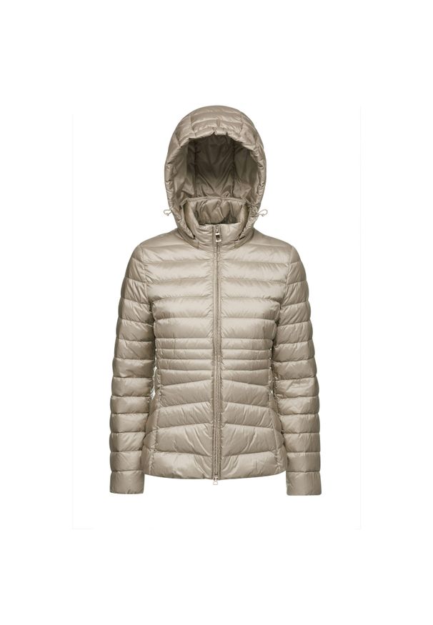 Damska kurtka z kapturem zapinana na zamek Geox Jaysen. Typ kołnierza: kaptur. Kolor: beżowy. Materiał: puch