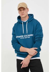 Armani Exchange bluza bawełniana męska kolor niebieski z kapturem z nadrukiem. Typ kołnierza: kaptur. Kolor: niebieski. Materiał: bawełna. Wzór: nadruk #1