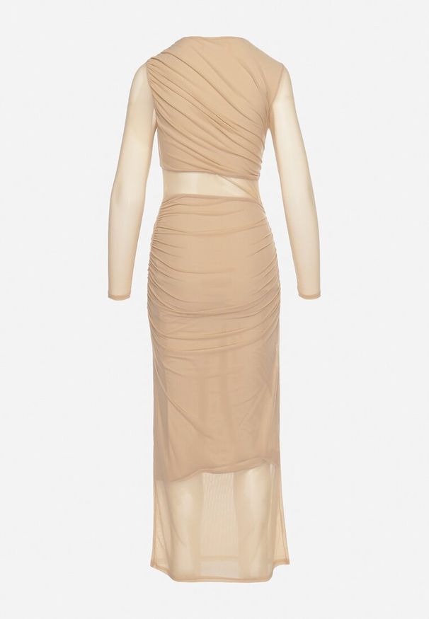 Born2be - Beżowa Dopasowana Sukienka Maxi z Siateczki Stolisse. Okazja: na imprezę. Kolor: beżowy. Materiał: wiskoza. Typ sukienki: proste. Styl: elegancki, klasyczny. Długość: maxi