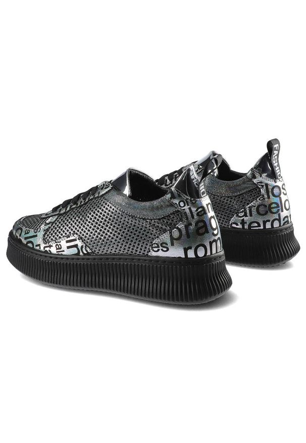 Srebrne Sneakersy Artiker Damskie Stylowe Półbuty. Okazja: na co dzień. Kolor: czarny. Materiał: skóra. Szerokość cholewki: normalna. Wzór: ażurowy, nadruk. Obcas: na platformie. Styl: elegancki
