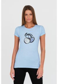 Guess - GUESS Niebieski t-shirt z printem i cyrkoniami. Kolor: niebieski. Wzór: nadruk #1