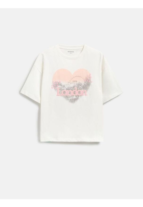 Reserved - Luźny t-shirt z nadrukiem - złamana biel. Materiał: bawełna. Wzór: nadruk