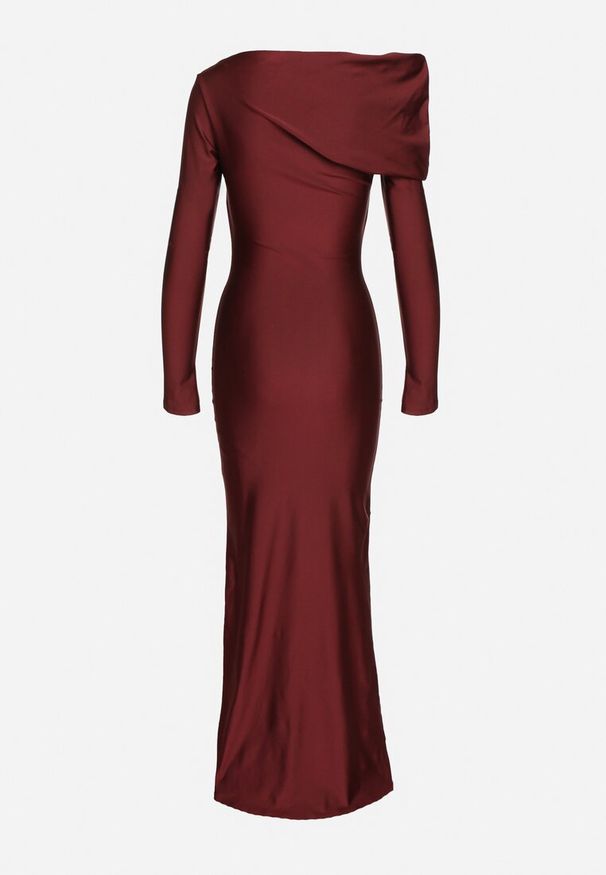 Born2be - Bordowa Dopasowana Sukienka z Rozcięciem i Asymetrycznym Dekoltem Ravielis. Okazja: na imprezę. Kolor: czerwony. Długość rękawa: długi rękaw. Typ sukienki: asymetryczne. Styl: elegancki, klasyczny