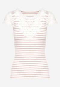 Born2be - Różowo-Biały Bawełniany T-shirt z Prążkowanej Dzianiny Ozdobiony Koronką Liasilo. Kolor: różowy. Materiał: bawełna, dzianina, prążkowany, koronka. Wzór: aplikacja, koronka. Sezon: lato #5