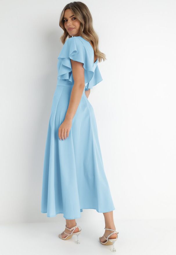 Born2be - Niebieska Rozkloszowana Sukienka Zdobiona Falbanami Emilienne. Okazja: na spacer. Kolor: niebieski. Materiał: jeans. Wzór: aplikacja. Styl: elegancki