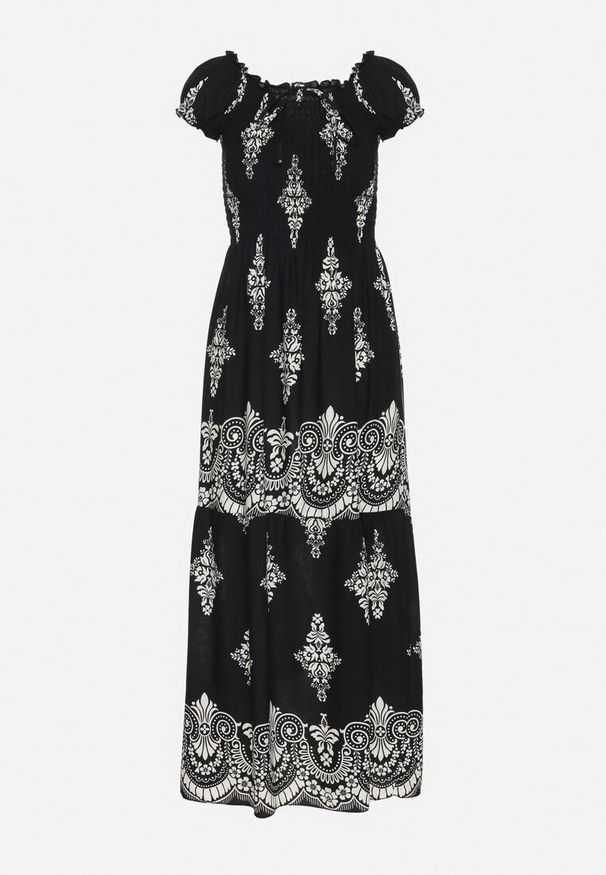 Born2be - Czarna Wiskozowa Sukienka z Marszczoną Góra i Wzorem Boho Ellifae. Okazja: na co dzień. Kolor: czarny. Materiał: wiskoza. Wzór: aplikacja. Styl: boho
