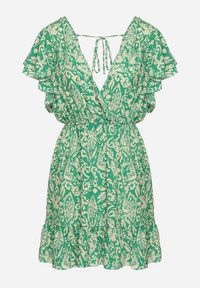 Born2be - Zielona Rozkloszowana Bawełniana Sukienka z Gumką w Talii i Falbanami Nelsea. Kolor: zielony. Materiał: bawełna. Sezon: lato #5
