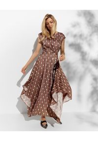 PESERICO - Brązowa sukienka w paski. Kolor: brązowy. Materiał: materiał. Wzór: paski. Typ sukienki: asymetryczne. Długość: midi #1
