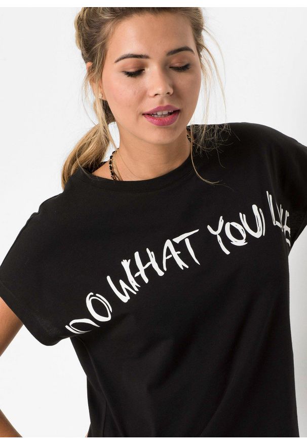 bonprix - Shirt oversize z czystej bawełny. Kolor: czarny. Materiał: bawełna. Wzór: nadruk