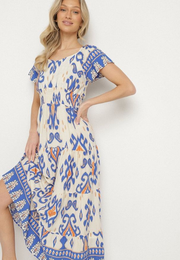 Born2be - Niebieska Wiskozowa Sukienka z Geometrycznym Wzorem Cleanna. Okazja: na co dzień, na spacer. Kolor: niebieski. Materiał: wiskoza. Wzór: geometria. Typ sukienki: proste. Styl: casual, elegancki