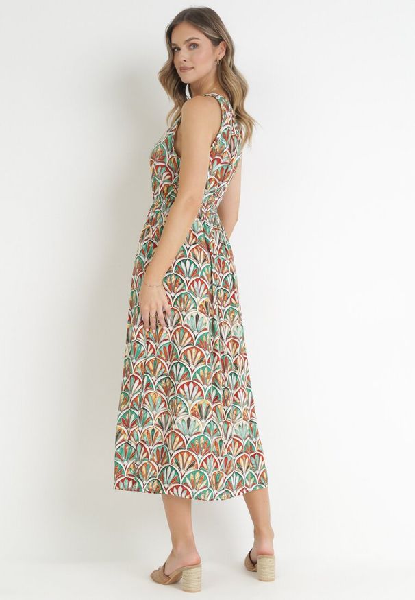 Born2be - Brązowo-Zielona Sukienka z Wiskozy w Stylu Boho z Gumką w Pasie Lostti. Kolor: brązowy. Materiał: wiskoza. Sezon: lato. Typ sukienki: rozkloszowane. Styl: boho