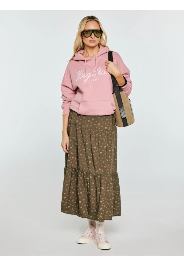 Big-Star - Spódnica damska midi z wiskozy z motywem kwiatowym khaki Vendi 303. Okazja: do pracy. Kolor: zielony. Materiał: wiskoza. Wzór: kwiaty. Styl: elegancki