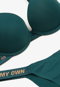 Born2be - Ciemnozielony Komplet Biustonosz Push-Up i Wycięte Majtki Figi Ozdobione Napisami Bralara. Kolor: zielony. Materiał: materiał. Wzór: aplikacja, napisy #5