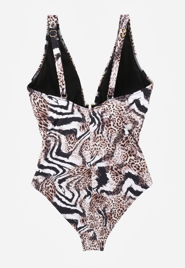 Born2be - Biało-Beżowy Jednoczęściowy Strój Kąpielowy z Marszczeniem w Talii Pasiniassi. Kolor: biały. Wzór: aplikacja