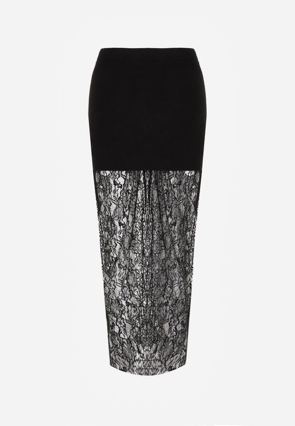 Born2be - Czarna Dzianinowa Spódnica z Wiskozą Zdobiona Koronką i Guzikami Sewora. Okazja: na co dzień. Kolor: czarny. Materiał: dzianina, wiskoza, koronka. Wzór: aplikacja, koronka. Styl: casual, klasyczny