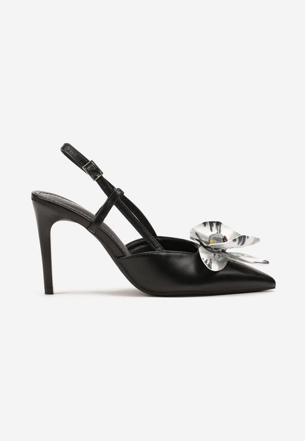 Renee - Czarne Sandały na Szpilce Vices Slingback z Kwiatem 3D Koviano. Okazja: na imprezę. Zapięcie: sprzączka. Kolor: czarny. Wzór: kwiaty. Obcas: na szpilce. Styl: klasyczny, elegancki