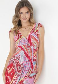 Born2be - Czerwona Wzorzysta Sukienka Mini z Gumkami w Pasie i Kopertowym Dekoltem Forro. Kolor: czerwony. Typ sukienki: kopertowe. Długość: mini #4