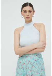 Guess top damski kolor niebieski z półgolfem. Typ kołnierza: dekolt halter. Kolor: niebieski. Materiał: materiał, dzianina, wiskoza. Wzór: gładki