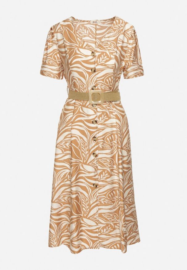 Born2be - Beżowa Sukienka o Koszulowym Kroju z Plecionym Paskiem w Talii Zaratia. Okazja: na co dzień. Kolor: beżowy. Materiał: wiskoza, tkanina. Sezon: lato. Typ sukienki: koszulowe. Styl: casual, elegancki