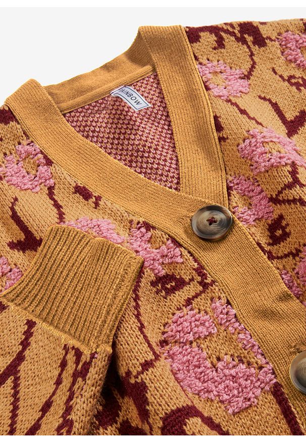 bonprix - Sweter rozpinany z dzianiny o splocie dużych oczek, w kwiaty. Typ kołnierza: dekolt w serek. Kolor: brązowy. Materiał: dzianina. Wzór: kwiaty, ze splotem