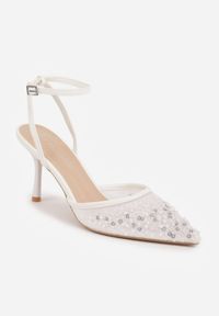 Born2be - Białe Eleganckie Szpilki Siateczkowe z Cekinami i Koralikami Neamer. Okazja: na wesele, na studniówkę, na ślub cywilny. Zapięcie: pasek. Kolor: biały. Materiał: satyna. Wzór: aplikacja. Obcas: na szpilce. Styl: elegancki #8