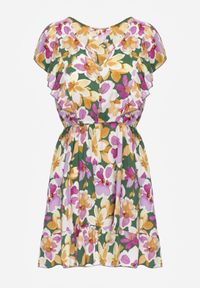 Renee - Zielono-Różowa Taliowana Bawełniana Sukienka w Kwiaty z Falbanami przy Ramionach z Gumką w Talii Nelova. Kolor: zielony. Materiał: bawełna. Długość rękawa: krótki rękaw. Wzór: kwiaty. Sezon: lato. Styl: wizytowy, elegancki #6