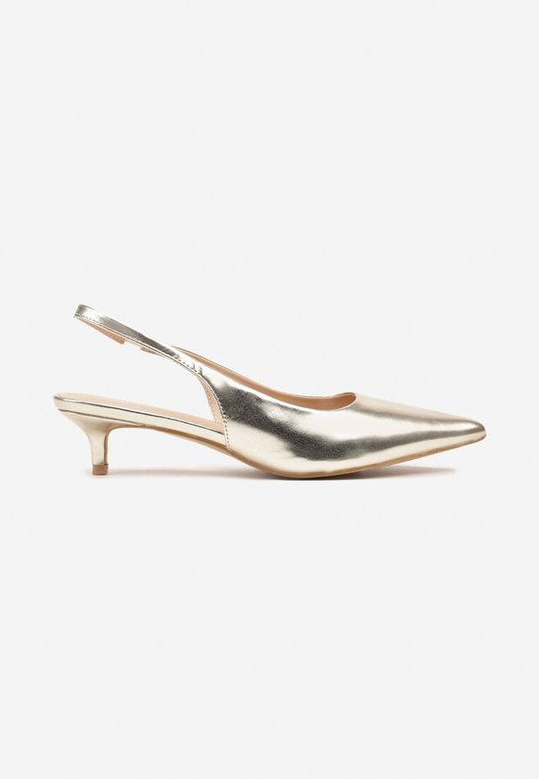 Renee - Złote Sandały na Kaczuszce ze Szpiczastym Noskiem Slingback Farinea. Okazja: na co dzień. Nosek buta: szpiczasty. Kolor: złoty. Materiał: jeans. Obcas: na szpilce. Styl: klasyczny, elegancki, casual. Wysokość obcasa: średni