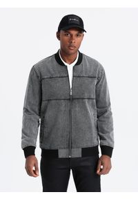 Ombre Clothing - Męska kurtka jeansowa bomberka z efektem stone wash – szara V1 - Rozmiar: L. Kolor: szary. Materiał: jeans. Styl: retro, sportowy, klasyczny