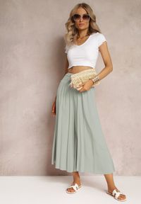 Renee - Jasnozielone Szerokie Spodnie High Waist o Długości 7/8 Rathi. Stan: podwyższony. Kolor: zielony. Materiał: tkanina, wiskoza