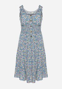 Born2be - Niebieska Rozkloszowana Sukienka z Bawełny Wykończona Gumką w Talii Nelaris. Okazja: na randkę, na imprezę. Typ kołnierza: dekolt hiszpanka. Kolor: niebieski. Materiał: bawełna. Długość rękawa: na ramiączkach. Styl: boho #7