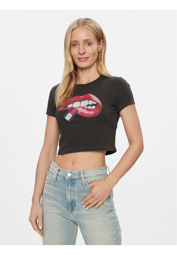 Tommy Jeans T-Shirt Lips DW0DW17373 Czarny Slim Fit. Kolor: czarny. Materiał: bawełna