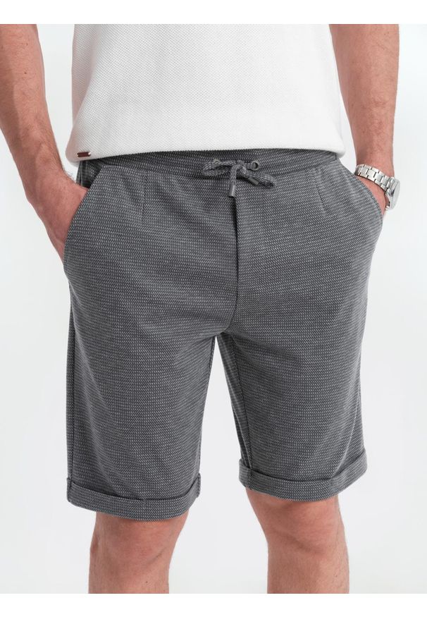 Ombre Clothing - Męskie krótkie spodenki na gumce ze strukturalnej dzianiny – grafitowe V3 OM-SRCS-0177 - XXL. Okazja: na co dzień. Kolor: szary. Materiał: dzianina. Długość: krótkie. Styl: klasyczny, casual