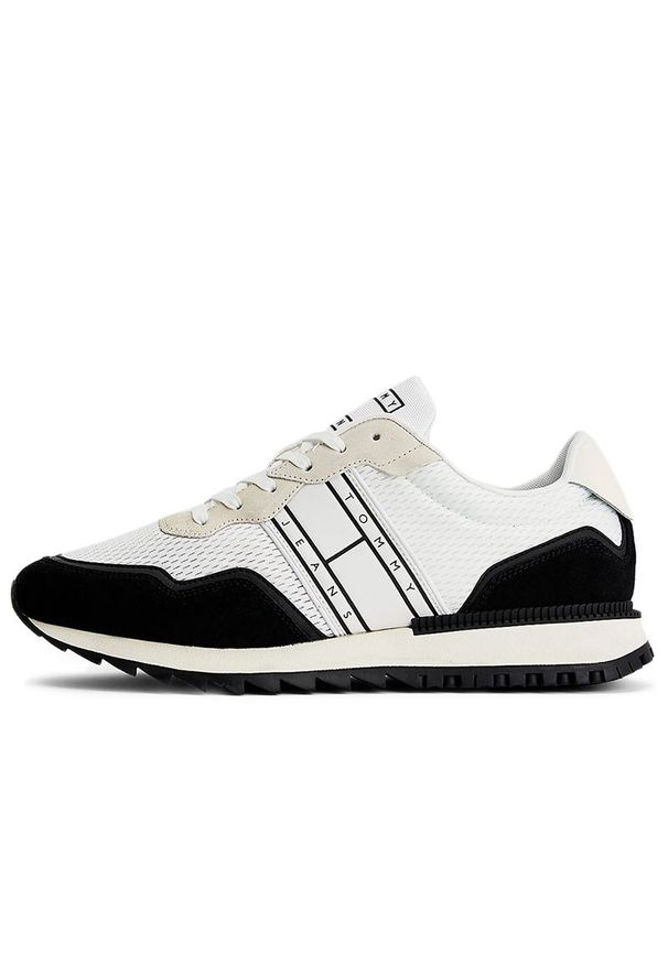 Buty Tommy Jeans Runner EM0EM01167-BDS - biało-czarne. Okazja: na co dzień. Zapięcie: sznurówki. Kolor: biały, wielokolorowy, czarny. Materiał: guma, skóra, zamsz, kauczuk, materiał. Szerokość cholewki: normalna. Wzór: aplikacja