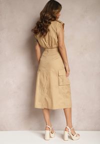 Renee - Beżowy Komplet w Stylu Utility Koszula Cropped Bez Rękawów i Spódnica z Kieszeniami Notcha. Kolor: beżowy. Materiał: tkanina