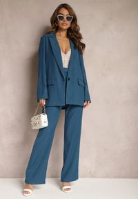Renee - Granatowe Szerokie Spodnie z Zapięciem na Haczyk Brutris. Kolor: niebieski. Styl: elegancki