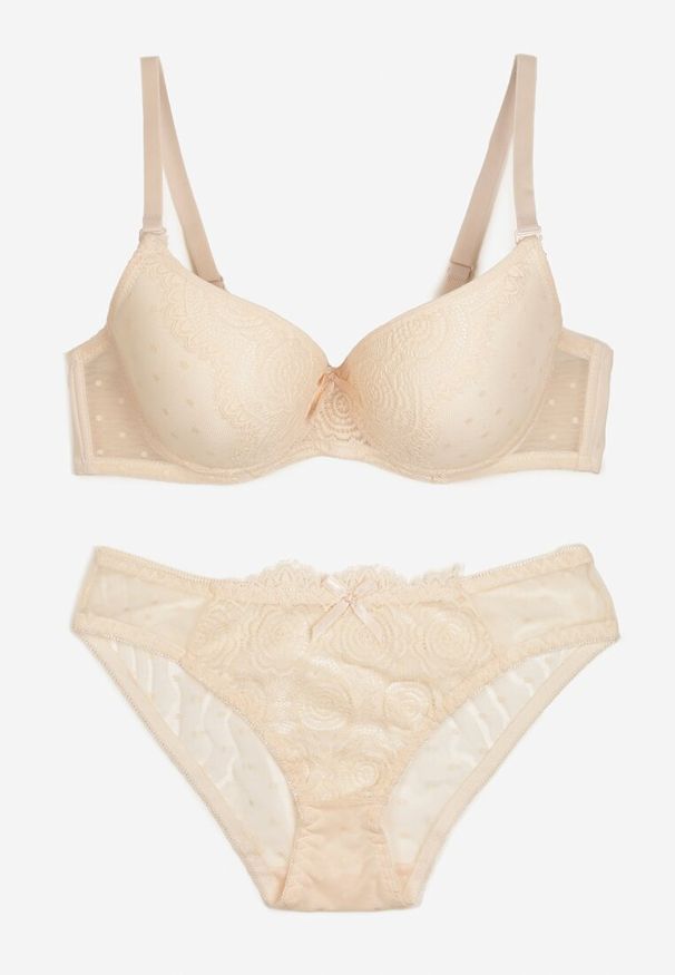 Born2be - Beżowy Koronkowy Komplet Biustonosz i Figi Ozdobione Kokardą Iririth. Kolor: beżowy. Materiał: koronka. Wzór: aplikacja