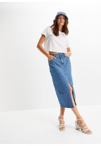 bonprix - Długa spódnica dżinsowa z rozcięciem, z materiału Positive Denim #1 Fabric. Kolor: niebieski. Materiał: denim, materiał. Długość: długie