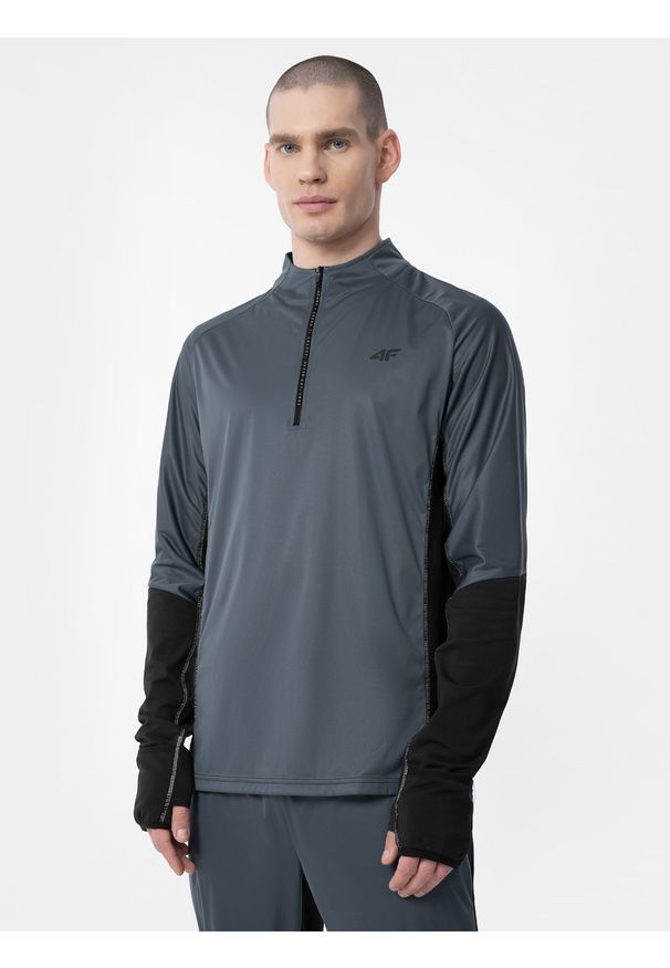 4f - Bluza do biegania nierozpinana bez kaptura męska. Typ kołnierza: bez kaptura. Kolor: czarny. Materiał: włókno, dzianina. Długość rękawa: raglanowy rękaw