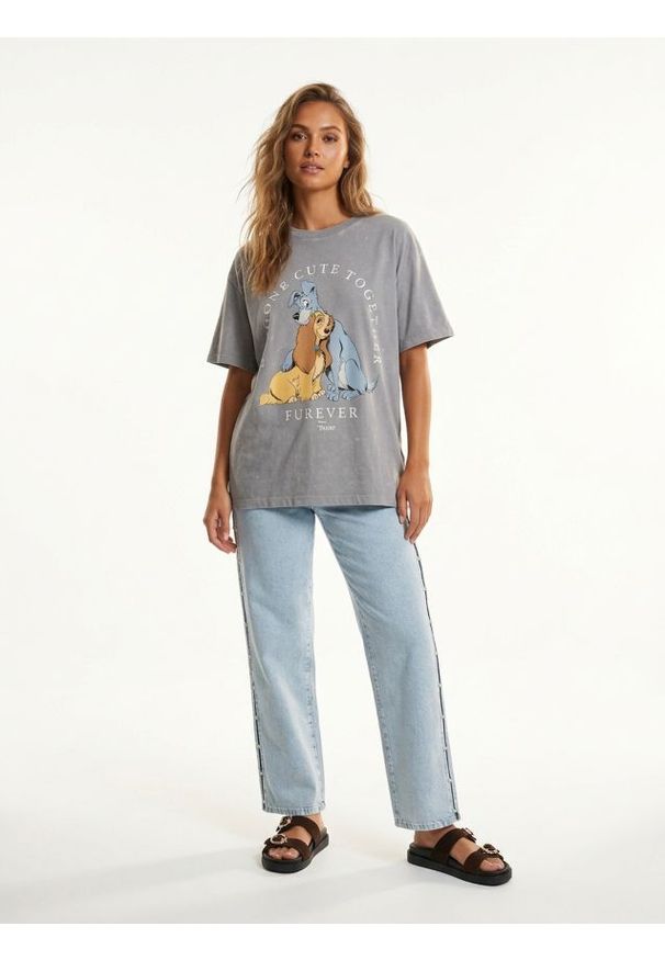 Sinsay - Bawełniana koszulka z efektem sprania i nadrukiem Disney - szary. Kolor: szary. Materiał: bawełna. Wzór: nadruk, motyw z bajki