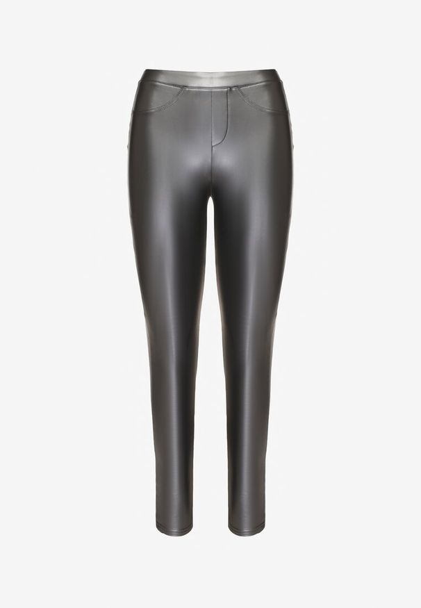 Born2be - Szare Legginsy z Ekoskóry z Wysokim Stanem i Imitacją Kieszeni Merievia. Stan: podwyższony. Kolor: szary. Sezon: zima