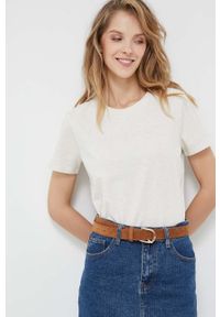 TOMMY HILFIGER - Tommy Hilfiger t-shirt damski kolor beżowy. Kolor: beżowy. Materiał: bawełna, dzianina. Wzór: nadruk